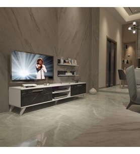 Decoraktiv Eko 4 Mdf Dvd Retro Tv Ünitesi Tv Sehpası (Beyaz - Siyah Mermer)