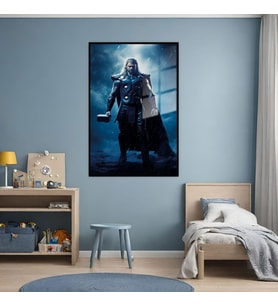Metal Çerçeveli Cam Tablo Film Karakteri Karşıdan Thor Görseli (Siyah)