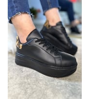 Günlük Kadın Sneaker Bağcıklı Kalın Yüksek Taban Leopar Detay Spor Ayakkabı 065 (Leopar Siyah)