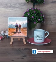 Kankaya Hediye Fotoğraflı Dekoratif Taş, Ahşap Altlıklı Türk Kahvesi Fincanı Hediye (Model 6)