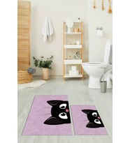 EVDEYA Baskılı Yıkanabilir Kedi Desenli İkili Banyo Halısı Paspas Klozet Takımı, KLOZET-40-GRİ, (Pembe)