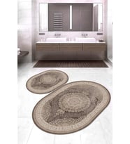 Dijital Baskılı Kaymaz Taban Yıkanabilir Oval 2'li Klozet Takımı Banyo Paspası NOKZ-HT-1000 (Kahverengi)