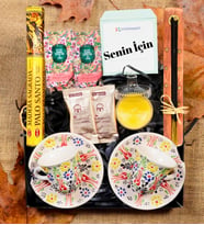 El Yapımı Çini Fincan & Tütsü Seti & Kahve & Şekerlik Mum & Mendil & Hediye Seti (Beyaz)