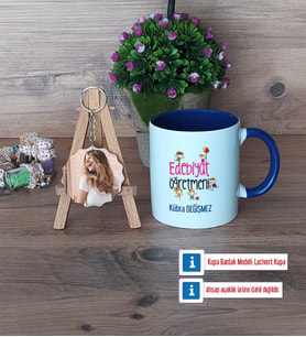 Edebiyat Öğretmeni Kupa Bardak Beyaz ve Fotoğraflı Ahşap Anahtarlık Hediye (Model 3)