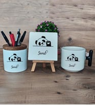 Sevimli Panda Hediye Sepeti Kupa Bardak T Kulplu, Kalemlik ve Dekoratif Taş Arkadaşa Doğum Günü Hediyesi (Model 6)