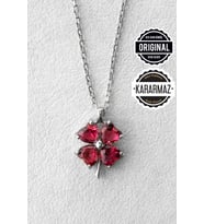 Jewelmim Kırmızı Taşlı Dört 4 Yapraklı Yonca Gümüş Kolye Beyaz Altın Kaplama 925 Ayar Kadın Gümüş Yonca Kolye (Beyaz)