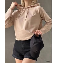 Kadın Kapüşonlu İki İplik Kumaş Sweatshirt (Renkli) (Bej)
