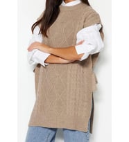 Stil Modern Kadın Midi Düşük Kol Bisiklet Yaka Tesettür Beli Bağlamalı Saç Örgülü Triko Süveter (Taş)