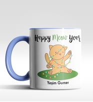 Kişiye Özel Happy Meow Year Kedi Tasarımlı Siyah Kupa (Mavi)