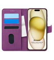 Microsonic Apple iPhone 15 Plus Kılıf Fabric Book Wallet Siyah (Mor)
