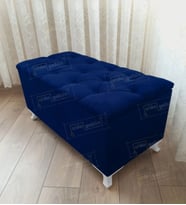 Lüks Sandıklı Kapitoneli Ayakucu Puf Bench 110 cm Beyaz Ayak (Lacivert)