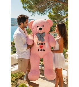 Kişiye Özel İsim Baskılı 130 Cm Papyonlu Büyük Ayıcık (%100 Yerli ) (Pembe)