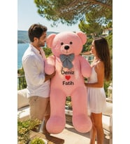 Kişiye Özel İsim Baskılı 130 Cm Papyonlu Büyük Ayıcık (%100 Yerli ) (Pembe)