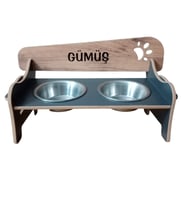 RealWood Özel İsim Baskılı, Ahşap, Kademeli, Eğimli, Çelik Kaseli, Kedi-Köpek Mama ve Su Kabı Stantı (Antrasit - Ceviz)