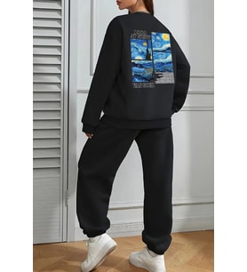 Van Gogh Sırt Baskılı Unisex Eşofman Takımı (Siyah)