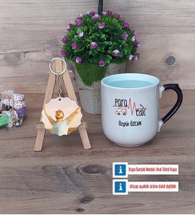 Paramedik Kupa Bardak Beyaz ve Fotoğraflı Ahşap Anahtarlık Hediye (Model 10)