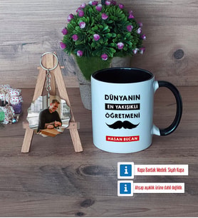 Erkek Öğretmene Hediye Kupa Bardak Beyaz ve Fotoğraflı Ahşap Anahtarlık Hediye (Model 11)