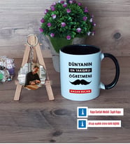 Erkek Öğretmene Hediye Kupa Bardak Beyaz ve Fotoğraflı Ahşap Anahtarlık Hediye (Model 11)