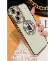 Apple iPhone 12 Pro Kılıf Şeffaf Lüx Taşlı Süslemeli Kamera Korumalı Silikon (Gold)