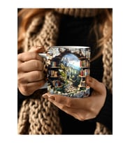 Kitaplık Kütüphane Baskılı 3D Tasarım Seramik Kupa Mug - Hediyelik Kupa Bardak (Yeşil)