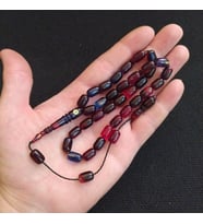 7x11 mm Kapsül Ateşi Kehribar Tesbih Fares Baydoun Usta İşçilikli İmzalı Tespih Ahşap Kutulu (Lacivert-Kırmızı)