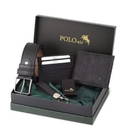 Polo Air Kemer Cüzdan Kartlık Anahtarlık ve Benzinli Çakmak Hediyelik Kutusunda CHM-09 (Siyah)