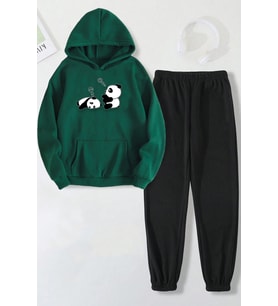 Unisex Uykucu Panda Baskılı Rahat Eşofman Takımı (Yeşil)