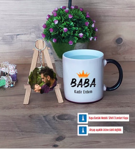 Babalar Günü Hediyesi Kupa Bardak Beyaz ve Fotoğraflı Ahşap Anahtarlık HediyeBabaya Hediye (Model 9)