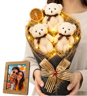 Kişiye Özel Ahşap Fotoğraf Çerçeveli Led Işıklı Krem Peluş Ayıcıklı Büyük Boy Ayıcık Buketi