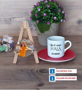 Halaya Hediye Türk Kahvesi Fincanı Ahşap Altlıklı ve Fotoğraflı Ahşap Anahtarlık Hediye (Model 3)