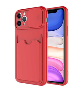 Uyumlu Model Apple iPhone 11 Pro Kılıf Kartlıklı Lens Kapatmalı Kapak (Kırmızı)