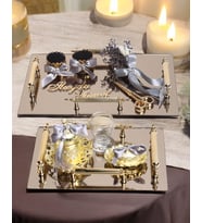 Gold Ayna 4 Kulplu Dikdörtgen Söz Nişan Tepsisi ve Damat Kahve Fincan Tepsisi (Gri)