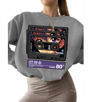 Sweatshirt kalın Kaset Baskılı bisiklet yaka unisex Sweatshirt kadın Bej erkek 3 iplik şardonlu (Gri)