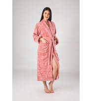 Krem Eteği Kolu Jakarlı Bambo Cotton Bayan Bornozu (Pudra)