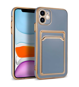 iPhone 12 Kılıf Kartlıklı Kamera Korumalı Altın Kenar Tasarım Silikon (Mavi)