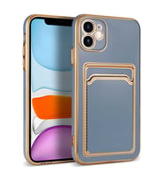 iPhone 12 Kılıf Kartlıklı Kamera Korumalı Altın Kenar Tasarım Silikon (Mavi)
