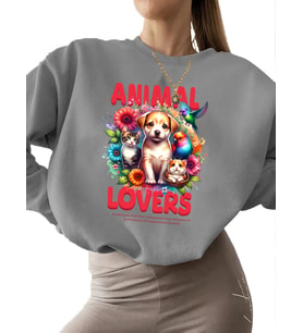 Bej Hayvan severler Baskılı bisiklet yaka Sweatshirt kalın unisex kadın Sweatshirt 3 iplik şardonlu (Gri)