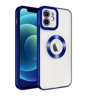 Apple iPhone 12 Kılıf Case, Logo Showing Serisi, Şeffaf, Kamera Korumalı, Logo Gösteren Renkli Çizgi Tasarım (Mavi)