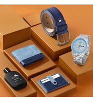 Polo Air Erkek Kol Saati Parfüm Cüzdan Kemer Kartlık Kombin Set PL-0831E (Gümüş-Lacivert)