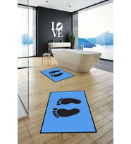EVDEYA Baskılı Yıkanabilir Sade Ayak İzi Desenli İkili Banyo Halısı Klozet Takımı, KLOZET-21-BEYAZ, (Mavi)