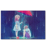 Cakapuzzle Yağmurda Kırmızı Şemsiyeli Küçük Kız ve Erkek Çizim  Puzzle Yapboz MDF (Ahşap) (500 Parça)