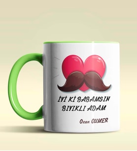 Kişiye Özel İyiki Babamsın Bıyıklı Adam Tema Siyah Kupa Bardak (Yeşil)