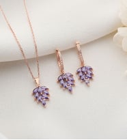 925 Ayar Gümüş Yaprak Model Kolye Küpe Takı Seti (Rose)
