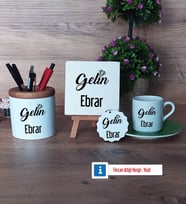 Gelin Hediye Seti Dekoratif Taş, Kalemlik, Ahşap Altlıklı Türk Kahvesi Fincanı, Ahşap Anahtarlık Hediye (Model 9)
