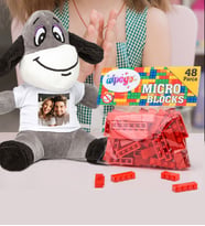 Kişiye Özel Peluş Eşek Ve Renkli Micro Blocks Lego (Kırmızı)