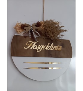 Hoşgeldiniz Yazılı Aynalı Pleksi Ahşap Kapı Süsü Dekoratif Dış Kapı Süsü (Beyaz - Kahverengi)
