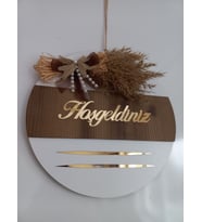 Hoşgeldiniz Yazılı Aynalı Pleksi Ahşap Kapı Süsü Dekoratif Dış Kapı Süsü (Beyaz - Kahverengi)