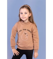 Toontoy Kız Çocuk Nakışlı Balıkçı Yaka Pamuklu Sweatshirt (Kahverengi)