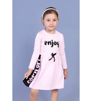 Toontoy Kız Çocuk Taş İşlemeli Enjoy Baskılı Elbise (Açık Pembe)