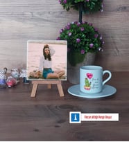 Arkadaşa Hediye Kaktüs Fotoğraflı Dekoratif Taş, Ahşap Altlıklı Türk Kahvesi Fincanı Hediye Doğum Günü Hediyesi (Model 2)